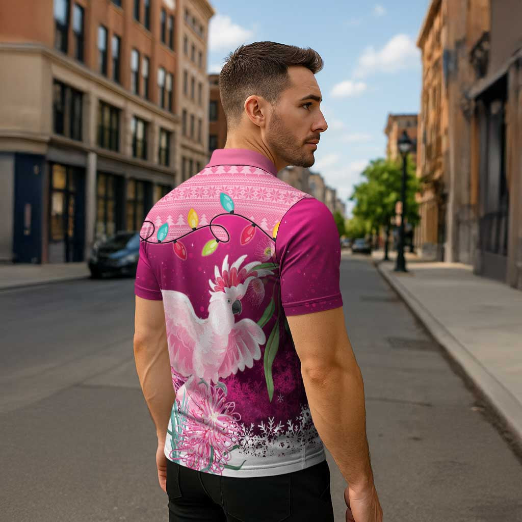 Pink Cockatoo Australia Christmas Zipper Polo Shirt Grevillea Eucalyptus Blossoms - Aussie Hoodie