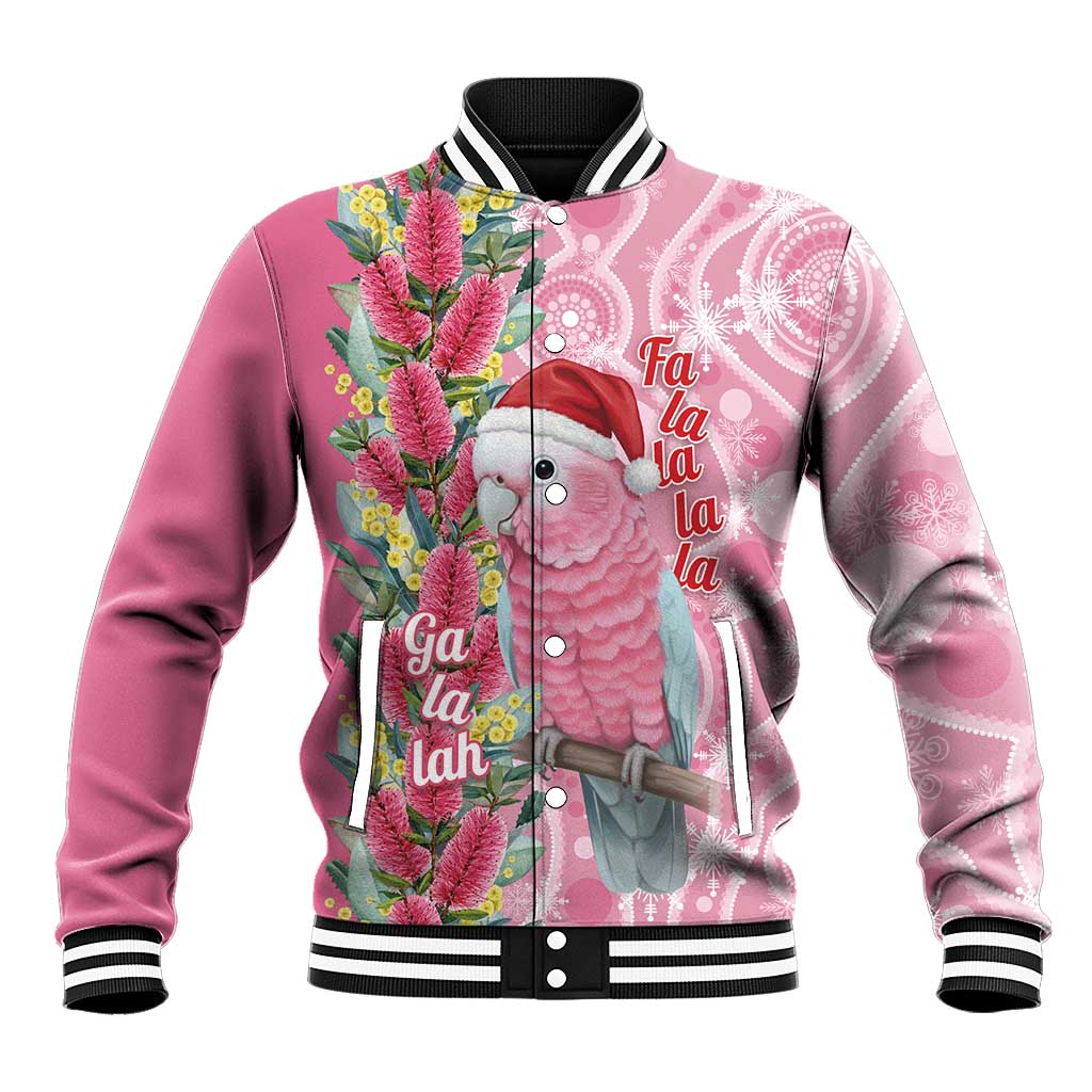 Australia Pink Galah Christmas Baseball Jacket Falalalala Galalah Bottlebrush Aboriginal Art - Aussie Hoodie