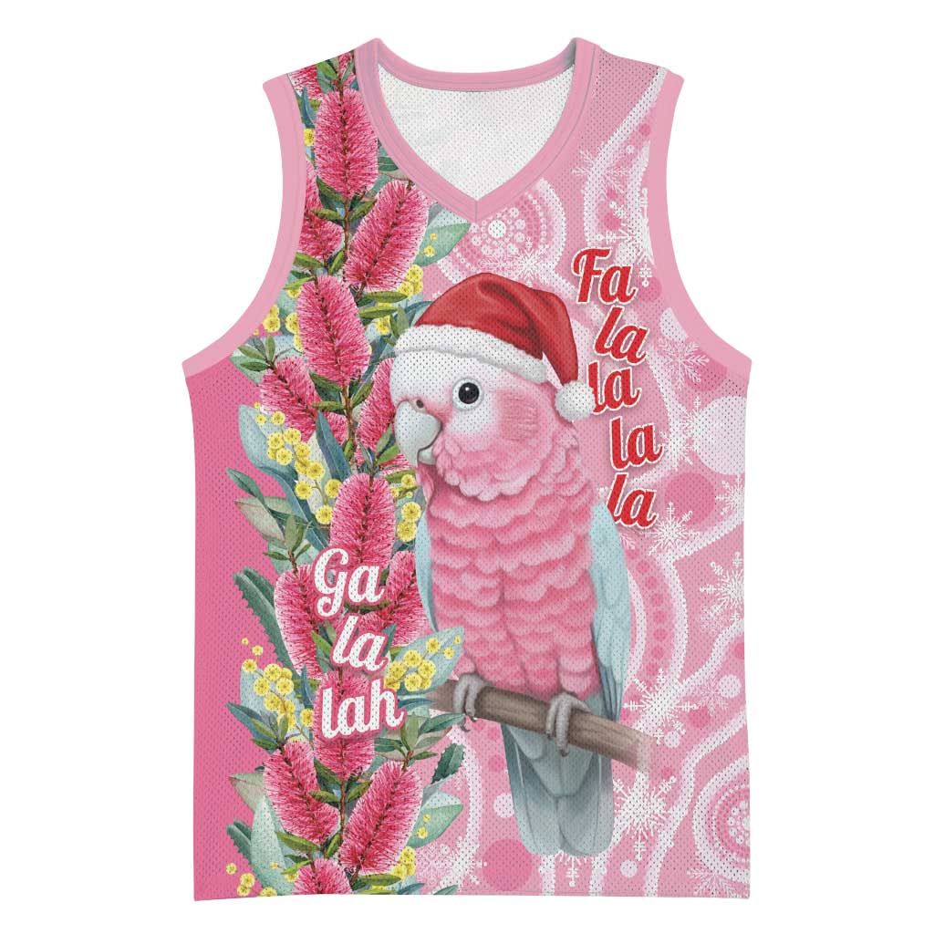 Australia Pink Galah Christmas Basketball Jersey Falalalala Galalah Bottlebrush Aboriginal Art - Aussie Hoodie