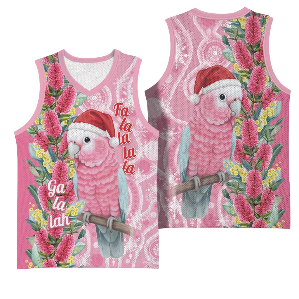 Australia Pink Galah Christmas Basketball Jersey Falalalala Galalah Bottlebrush Aboriginal Art - Aussie Hoodie
