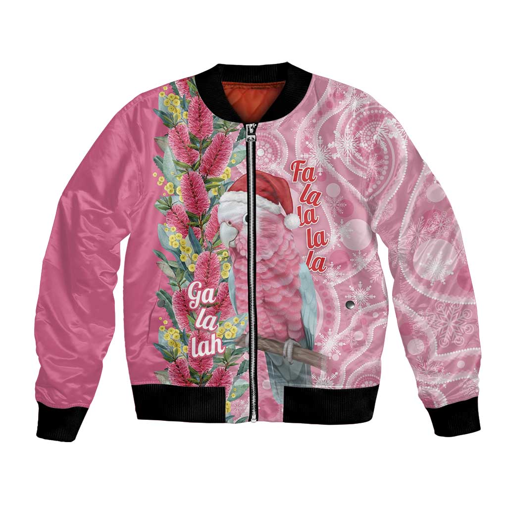Australia Pink Galah Christmas Bomber Jacket Falalalala Galalah Bottlebrush Aboriginal Art - Aussie Hoodie
