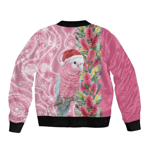 Australia Pink Galah Christmas Bomber Jacket Falalalala Galalah Bottlebrush Aboriginal Art - Aussie Hoodie