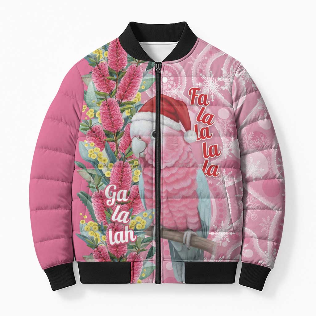 Australia Pink Galah Christmas Bomber Puffer Jacket Falalalala Galalah Bottlebrush Aboriginal Art - Aussie Hoodie