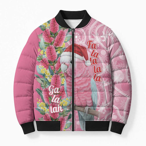 Australia Pink Galah Christmas Bomber Puffer Jacket Falalalala Galalah Bottlebrush Aboriginal Art - Aussie Hoodie