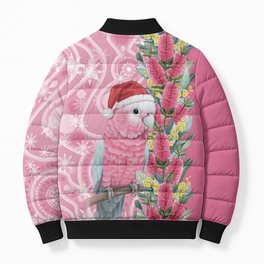Australia Pink Galah Christmas Bomber Puffer Jacket Falalalala Galalah Bottlebrush Aboriginal Art - Aussie Hoodie
