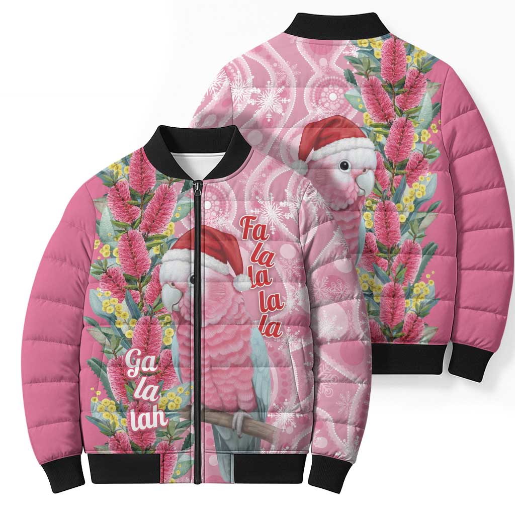 Australia Pink Galah Christmas Bomber Puffer Jacket Falalalala Galalah Bottlebrush Aboriginal Art - Aussie Hoodie