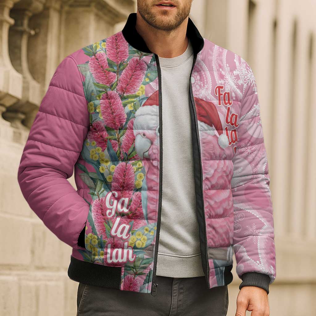 Australia Pink Galah Christmas Bomber Puffer Jacket Falalalala Galalah Bottlebrush Aboriginal Art - Aussie Hoodie