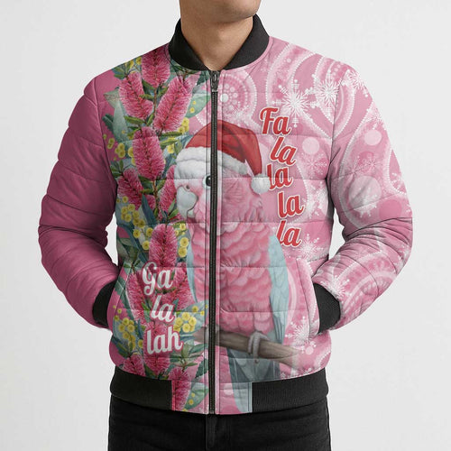 Australia Pink Galah Christmas Bomber Puffer Jacket Falalalala Galalah Bottlebrush Aboriginal Art - Aussie Hoodie