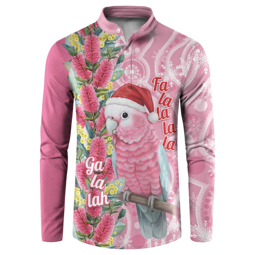 Australia Pink Galah Christmas Button Sweatshirt Falalalala Galalah Bottlebrush Aboriginal Art - Aussie Hoodie