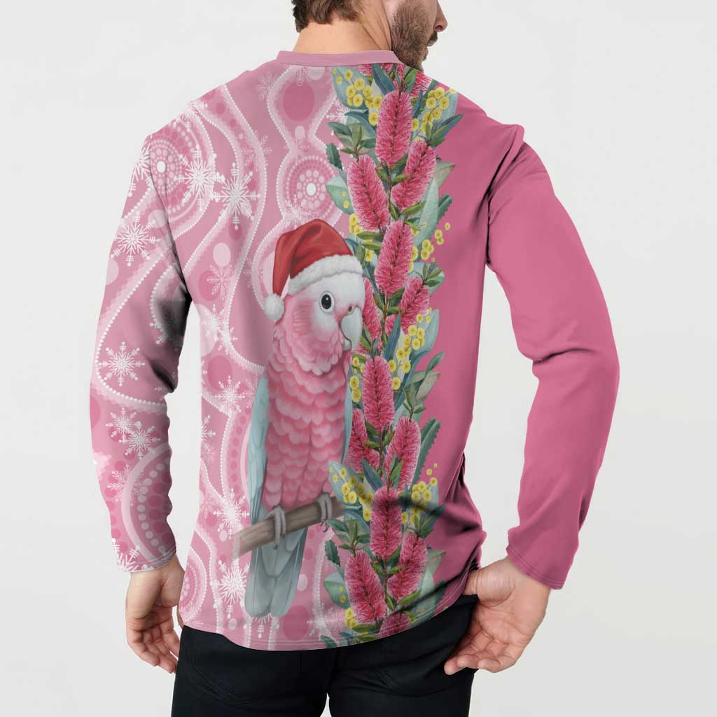 Australia Pink Galah Christmas Button Sweatshirt Falalalala Galalah Bottlebrush Aboriginal Art - Aussie Hoodie