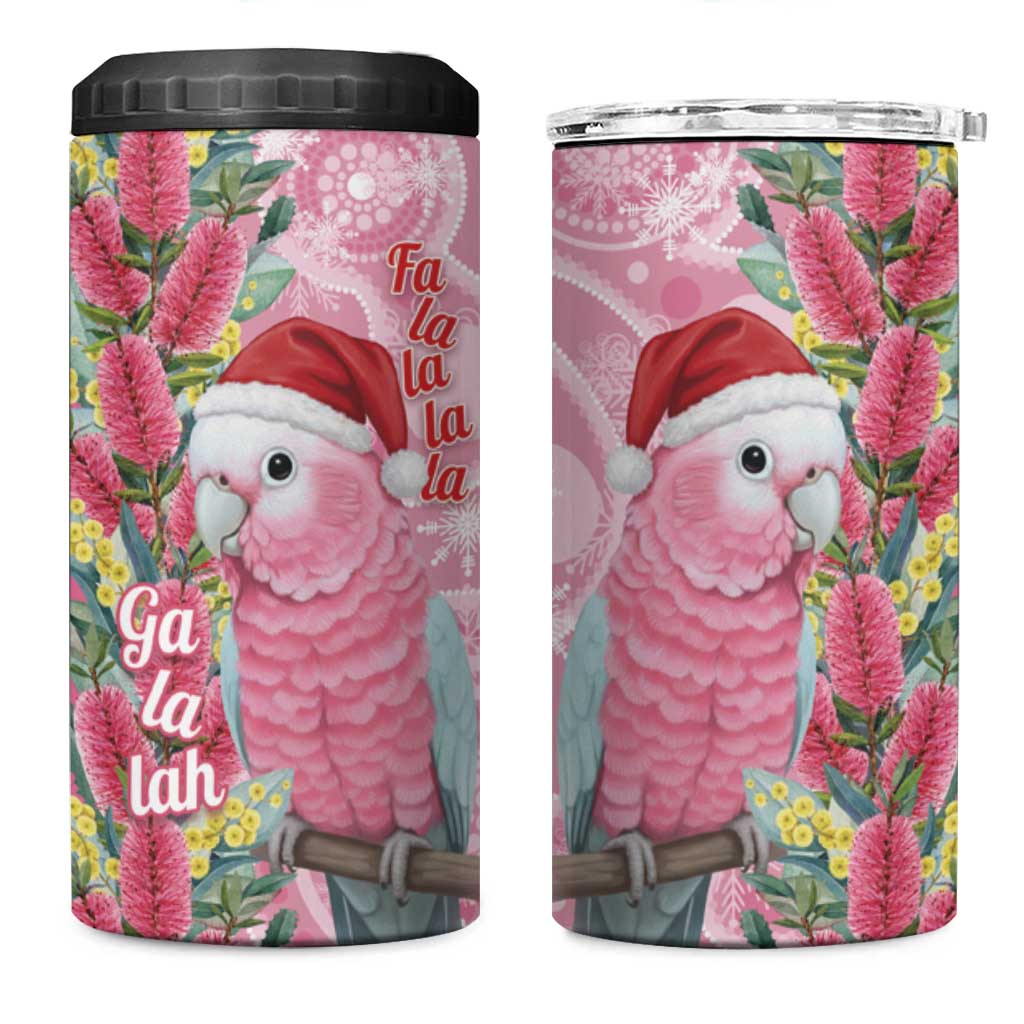 Australia Pink Galah Christmas 4 in 1 Can Cooler Tumbler Falalalala Galalah Bottlebrush Aboriginal Art - Aussie Hoodie