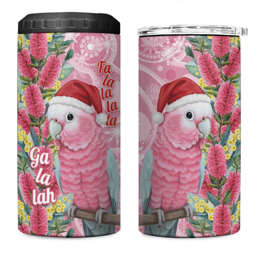 Australia Pink Galah Christmas 4 in 1 Can Cooler Tumbler Falalalala Galalah Bottlebrush Aboriginal Art - Aussie Hoodie