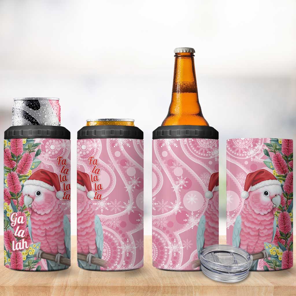 Australia Pink Galah Christmas 4 in 1 Can Cooler Tumbler Falalalala Galalah Bottlebrush Aboriginal Art - Aussie Hoodie