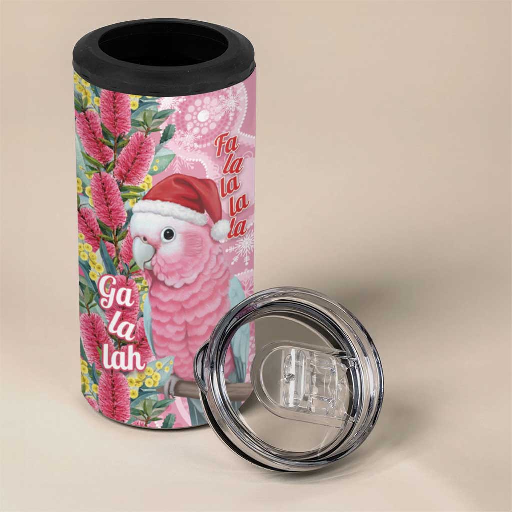 Australia Pink Galah Christmas 4 in 1 Can Cooler Tumbler Falalalala Galalah Bottlebrush Aboriginal Art - Aussie Hoodie