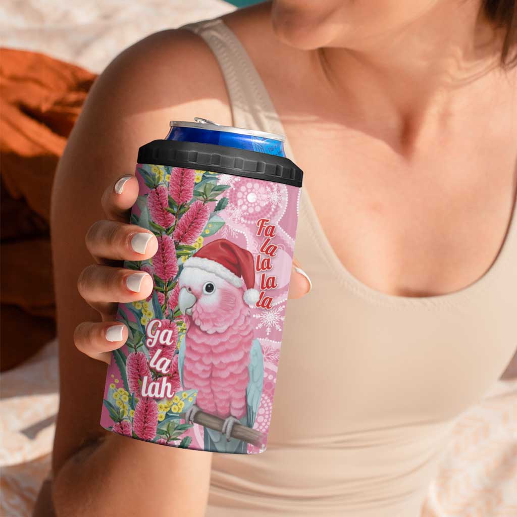 Australia Pink Galah Christmas 4 in 1 Can Cooler Tumbler Falalalala Galalah Bottlebrush Aboriginal Art - Aussie Hoodie