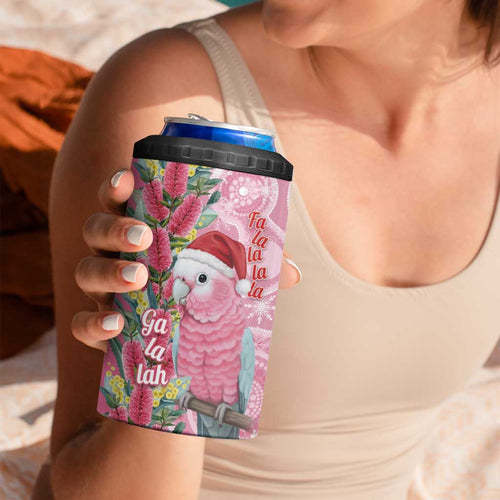 Australia Pink Galah Christmas 4 in 1 Can Cooler Tumbler Falalalala Galalah Bottlebrush Aboriginal Art - Aussie Hoodie