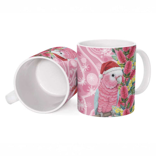 Australia Pink Galah Christmas Ceramic Mug Falalalala Galalah Bottlebrush Aboriginal Art - Aussie Hoodie