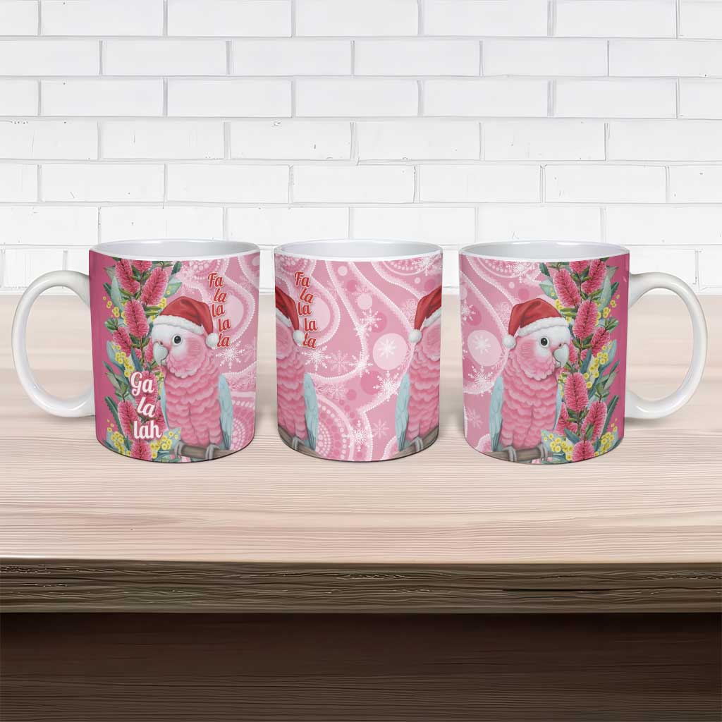 Australia Pink Galah Christmas Ceramic Mug Falalalala Galalah Bottlebrush Aboriginal Art - Aussie Hoodie