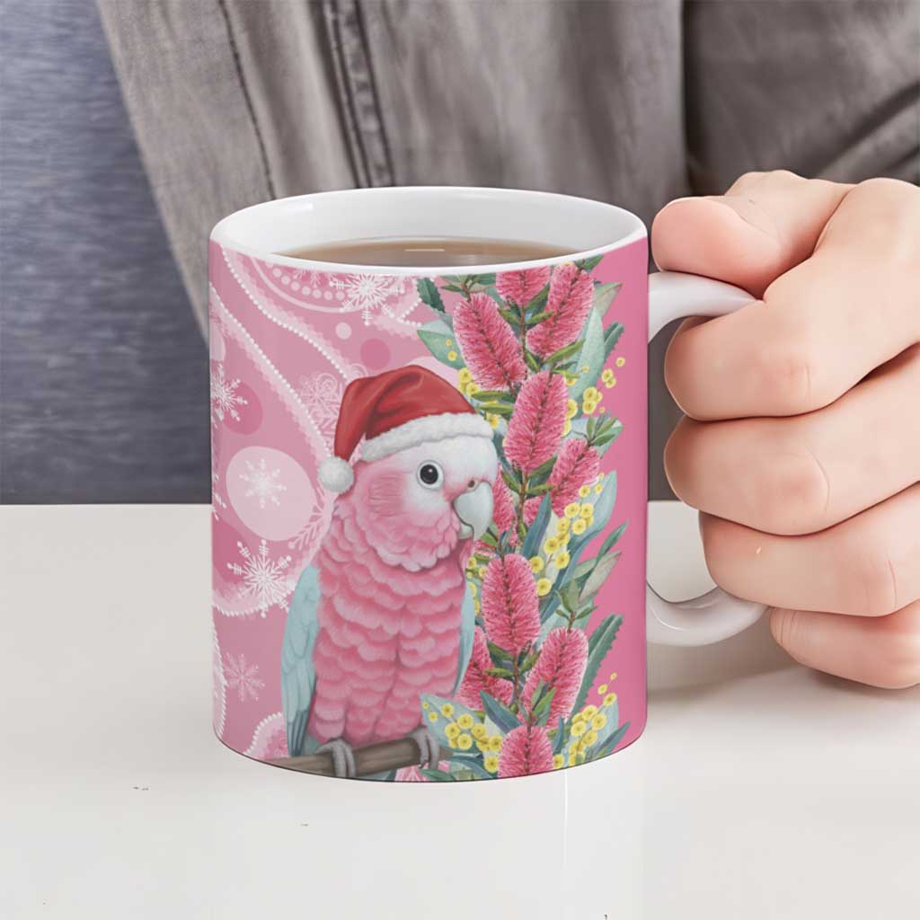 Australia Pink Galah Christmas Ceramic Mug Falalalala Galalah Bottlebrush Aboriginal Art - Aussie Hoodie