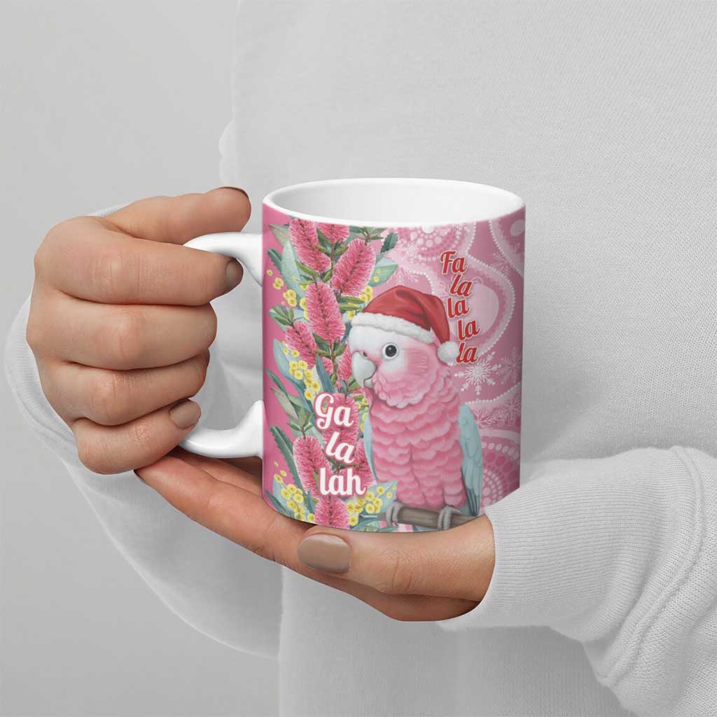 Australia Pink Galah Christmas Ceramic Mug Falalalala Galalah Bottlebrush Aboriginal Art - Aussie Hoodie