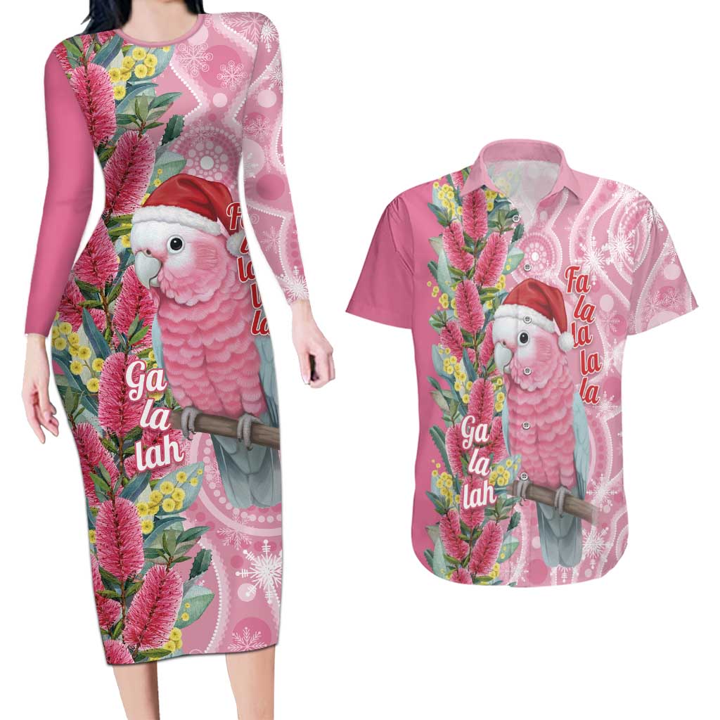 Australia Pink Galah Christmas Couples Matching Long Sleeve Bodycon Dress and Hawaiian Shirt Falalalala Galalah Bottlebrush Aboriginal Art - Aussie Hoodie