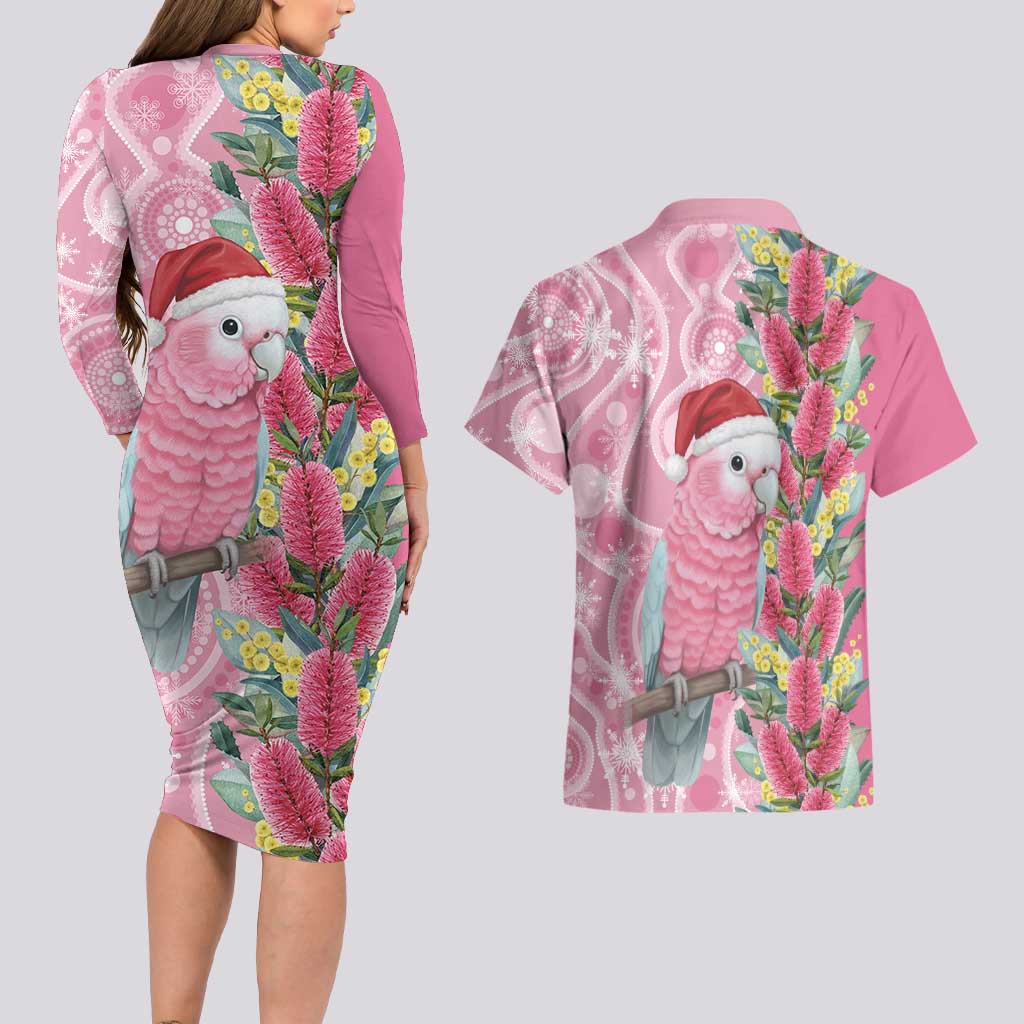 Australia Pink Galah Christmas Couples Matching Long Sleeve Bodycon Dress and Hawaiian Shirt Falalalala Galalah Bottlebrush Aboriginal Art - Aussie Hoodie