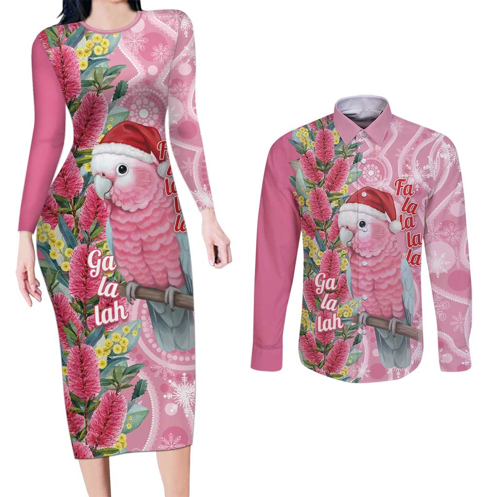 Australia Pink Galah Christmas Couples Matching Long Sleeve Bodycon Dress and Long Sleeve Button Shirt Falalalala Galalah Bottlebrush Aboriginal Art - Aussie Hoodie