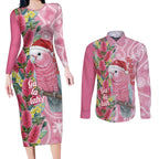 Australia Pink Galah Christmas Couples Matching Long Sleeve Bodycon Dress and Long Sleeve Button Shirt Falalalala Galalah Bottlebrush Aboriginal Art - Aussie Hoodie