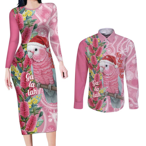 Australia Pink Galah Christmas Couples Matching Long Sleeve Bodycon Dress and Long Sleeve Button Shirt Falalalala Galalah Bottlebrush Aboriginal Art - Aussie Hoodie
