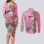 Australia Pink Galah Christmas Couples Matching Long Sleeve Bodycon Dress and Long Sleeve Button Shirt Falalalala Galalah Bottlebrush Aboriginal Art - Aussie Hoodie