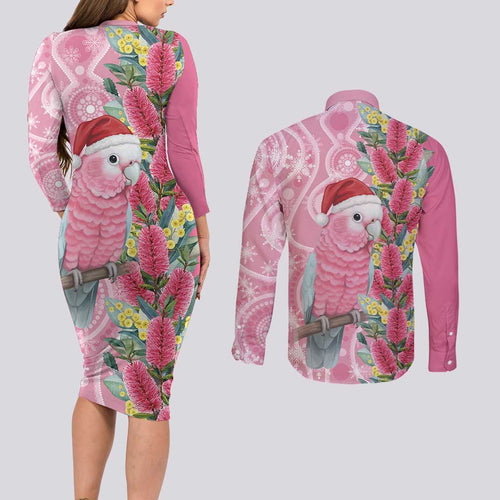Australia Pink Galah Christmas Couples Matching Long Sleeve Bodycon Dress and Long Sleeve Button Shirt Falalalala Galalah Bottlebrush Aboriginal Art - Aussie Hoodie