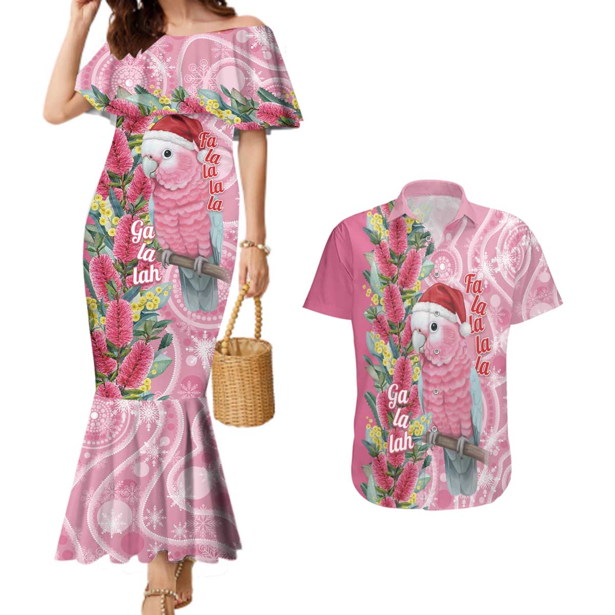 Australia Pink Galah Christmas Couples Matching Mermaid Dress and Hawaiian Shirt Falalalala Galalah Bottlebrush Aboriginal Art - Aussie Hoodie