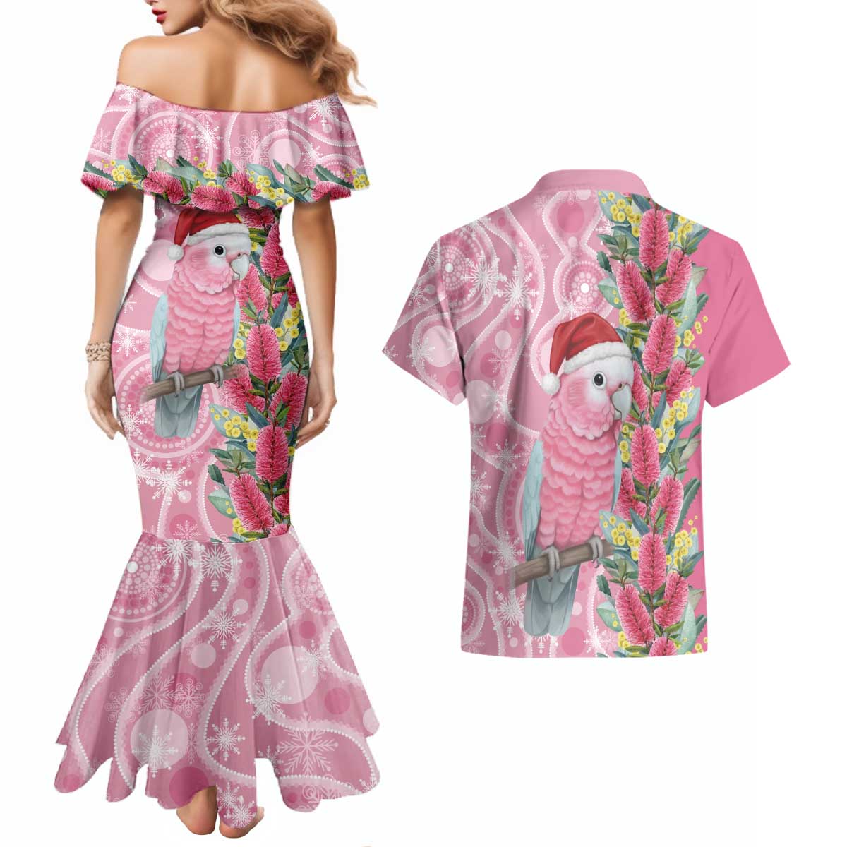 Australia Pink Galah Christmas Couples Matching Mermaid Dress and Hawaiian Shirt Falalalala Galalah Bottlebrush Aboriginal Art - Aussie Hoodie