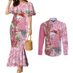 Australia Pink Galah Christmas Couples Matching Mermaid Dress and Long Sleeve Button Shirt Falalalala Galalah Bottlebrush Aboriginal Art - Aussie Hoodie