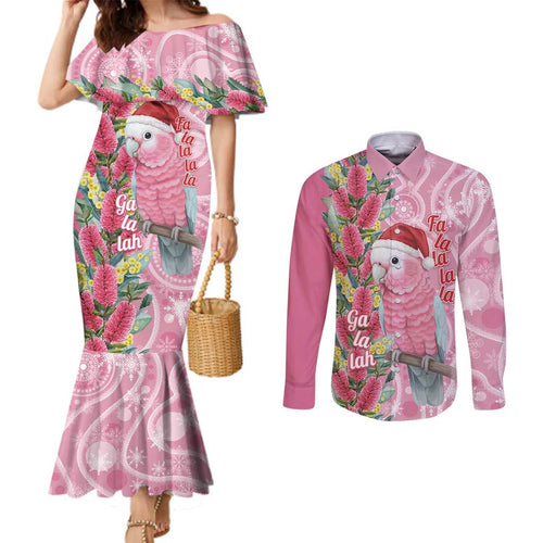 Australia Pink Galah Christmas Couples Matching Mermaid Dress and Long Sleeve Button Shirt Falalalala Galalah Bottlebrush Aboriginal Art - Aussie Hoodie