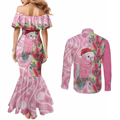 Australia Pink Galah Christmas Couples Matching Mermaid Dress and Long Sleeve Button Shirt Falalalala Galalah Bottlebrush Aboriginal Art - Aussie Hoodie