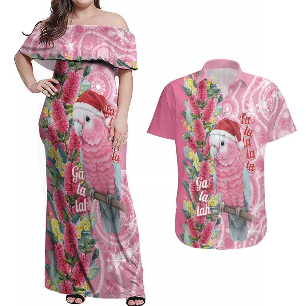Australia Pink Galah Christmas Couples Matching Off Shoulder Maxi Dress and Hawaiian Shirt Falalalala Galalah Bottlebrush Aboriginal Art - Aussie Hoodie