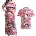 Australia Pink Galah Christmas Couples Matching Off Shoulder Maxi Dress and Hawaiian Shirt Falalalala Galalah Bottlebrush Aboriginal Art - Aussie Hoodie