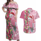 Australia Pink Galah Christmas Couples Matching Off Shoulder Maxi Dress and Hawaiian Shirt Falalalala Galalah Bottlebrush Aboriginal Art - Aussie Hoodie