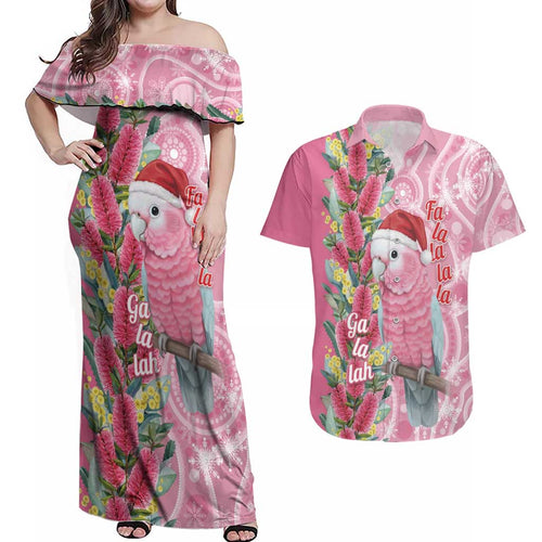 Australia Pink Galah Christmas Couples Matching Off Shoulder Maxi Dress and Hawaiian Shirt Falalalala Galalah Bottlebrush Aboriginal Art - Aussie Hoodie