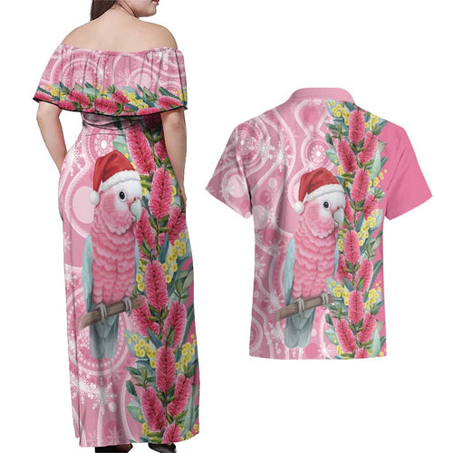Australia Pink Galah Christmas Couples Matching Off Shoulder Maxi Dress and Hawaiian Shirt Falalalala Galalah Bottlebrush Aboriginal Art - Aussie Hoodie