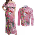 Australia Pink Galah Christmas Couples Matching Off Shoulder Maxi Dress and Long Sleeve Button Shirt Falalalala Galalah Bottlebrush Aboriginal Art - Aussie Hoodie