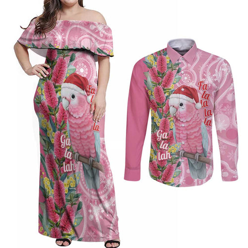 Australia Pink Galah Christmas Couples Matching Off Shoulder Maxi Dress and Long Sleeve Button Shirt Falalalala Galalah Bottlebrush Aboriginal Art - Aussie Hoodie