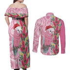 Australia Pink Galah Christmas Couples Matching Off Shoulder Maxi Dress and Long Sleeve Button Shirt Falalalala Galalah Bottlebrush Aboriginal Art - Aussie Hoodie