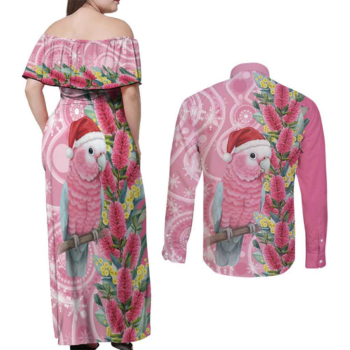 Australia Pink Galah Christmas Couples Matching Off Shoulder Maxi Dress and Long Sleeve Button Shirt Falalalala Galalah Bottlebrush Aboriginal Art - Aussie Hoodie