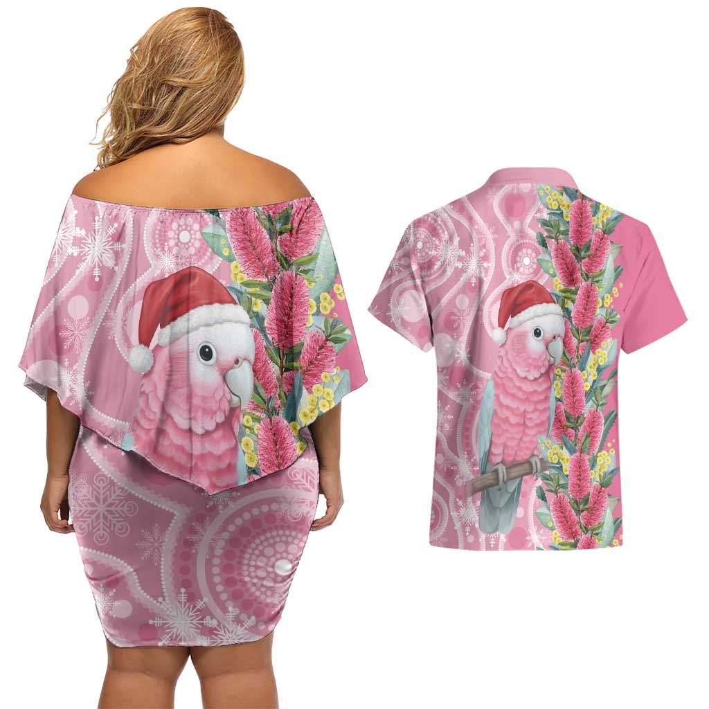 Australia Pink Galah Christmas Couples Matching Off Shoulder Short Dress and Hawaiian Shirt Falalalala Galalah Bottlebrush Aboriginal Art - Aussie Hoodie