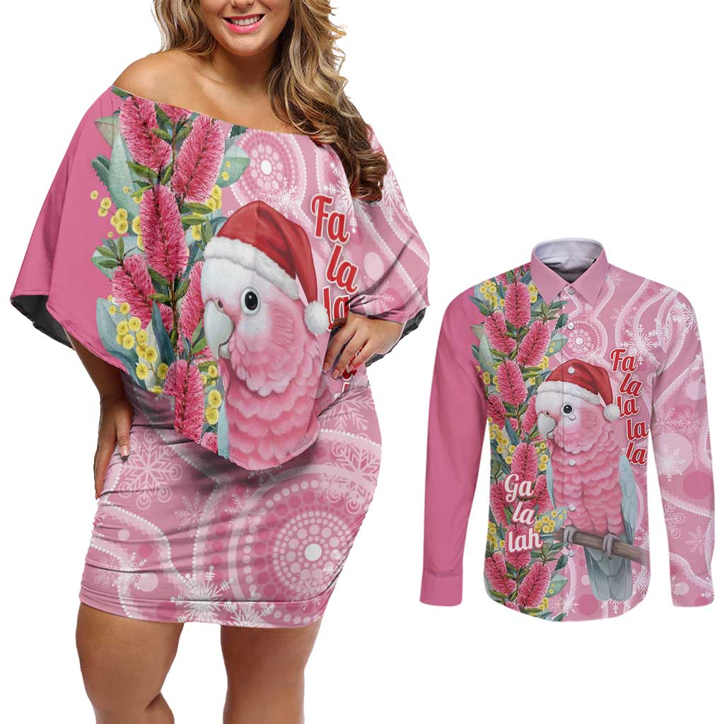 Australia Pink Galah Christmas Couples Matching Off Shoulder Short Dress and Long Sleeve Button Shirt Falalalala Galalah Bottlebrush Aboriginal Art - Aussie Hoodie