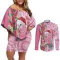 Australia Pink Galah Christmas Couples Matching Off Shoulder Short Dress and Long Sleeve Button Shirt Falalalala Galalah Bottlebrush Aboriginal Art - Aussie Hoodie