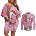Australia Pink Galah Christmas Couples Matching Off Shoulder Short Dress and Long Sleeve Button Shirt Falalalala Galalah Bottlebrush Aboriginal Art - Aussie Hoodie