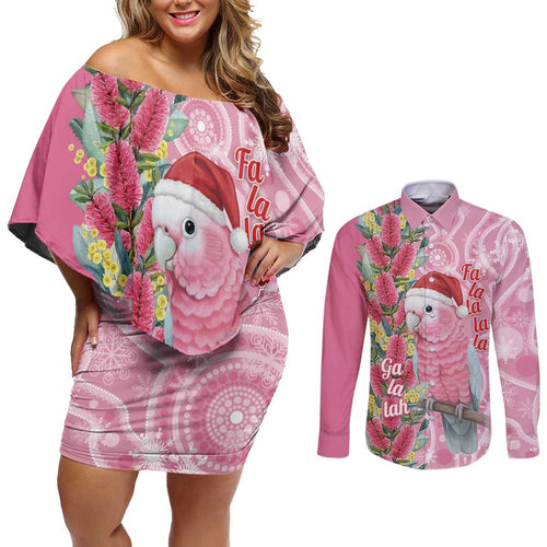 Australia Pink Galah Christmas Couples Matching Off Shoulder Short Dress and Long Sleeve Button Shirt Falalalala Galalah Bottlebrush Aboriginal Art - Aussie Hoodie